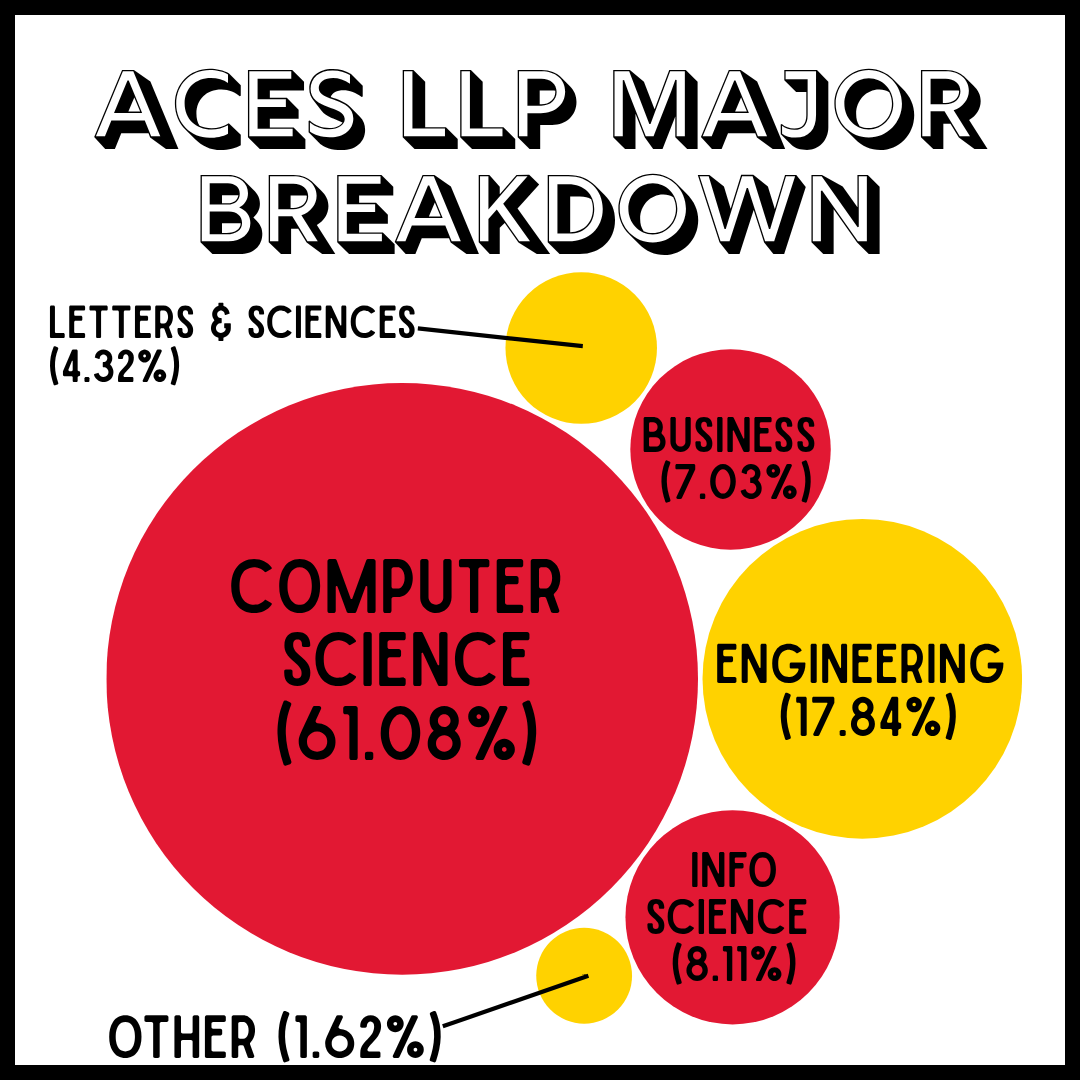 breakdown of majors of LLP students, with the majority studying computer science at 61%